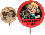 BUSTER BROWN SHOES EARLY BUTTON PAIR INCLUDING SUPERB CARTOON STYLE CLASSIC.