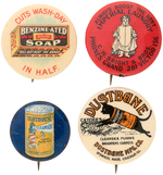 CLEANING PRODUCTS FOUR GRAPHIC AD BUTTONS FROM THE EARLY 1900s.