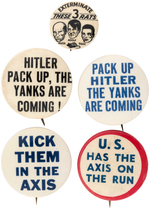 RARE SIZE "3 RATS" ICONIC ANTI-AXIS BUTTON PLUS FOUR ANTI-AXIS SLOGANS.