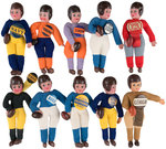 "JAPAN" MADE 1930s FELT & CELLULOID TEN FOOTBALL PLAYERS WITH COLLEGE BUTTONS.