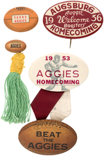 TEXAS A&M "AGGIES" BUTTONS: TWO FIGURAL FOOTBALLS, TWO HOMECOMING 1936-1953.