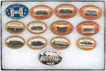 13 FIGURAL FOOTBALL BUTTONS WITH TEAM PHOTOS INCLUDING EIGHT DATED 1929-1936.