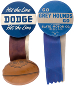 "DODGE HIT THE LINE" RARE 1930s BUTTON PLUS CHRYSLER DEALER BUTTON.