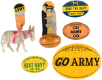 ARMY-NAVY FOOTBALL TWELVE BUTTONS AND RELATED SPANNING 1930s-1960s.