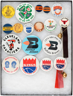 18 MUCHINSKY COLLECTION 1960s-80s BASKETBALL BUTTONS INCLUDING TWO ABA & THOMAS.