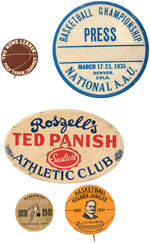 FIVE BASKETBALL BUTTONS INCLUDING FIRST A.A.U. 1935 CHAMPIONSHIP "PRESS" BUTTON.