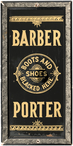 "BARBER - PORTER" SHOE SHINE REVERSE-PAINTED GLASS SIGN.