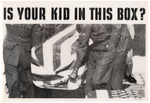 POWERFUL AND CONTROVERSIAL ANTI-VIETNAM WAR "IS YOUR KID IN THIS BOX?" BUTTON.