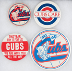 CUBS FOUR LARGE BUTTONS USED AS MUCHINSKY BOOK PHOTO PLATE EXAMPLES.