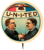 "U-N-I-TED" TAFT AND ROOSEVELT 1908 CARTOON BUTTON HAKE #98.