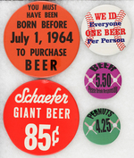 BASEBALL STADIUM BEER & PEANUTS FIVE BUTTONS FROM THE MUCHINSKY COLLECTION.