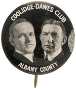 "COOLIDGE DAWES CLUB ALBANY COUNTY" 1924 JUGATE BUTTON HAKE #3.