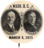 RARELY OFFERED "COOLIDGE/DAWES" INAUGURAL JUGATE BUTTON.