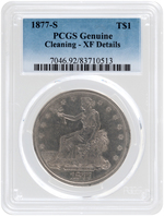 $1 TRADE DOLLAR 1877-S PCGS GENUINE CLEANING.