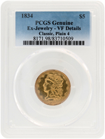 $5 CLASSIC HEAD 1834 QUARTER EAGLE GOLD COIN PCGS EX-JEWELRY.