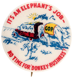 RARE FULL COLOR "IT'S AN ELEPHANT'S JOB NO TIME FOR DONKEY-BUSINESS" BUTTON.