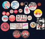 COMMUNIST PARTY 9 CONVENTION/PARTY NAME BUTTONS AND 15 YOUNG COMMUNIST LEAGUE.