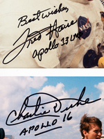 NASA ASTRONAUTS FRED HAISE & CHARLIE DUKE SIGNED PHOTO PAIR.