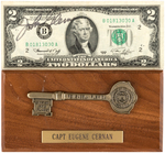 NASA ASTRONAUTS JOHN GLENN SIGNED $2 BILL & EUGENE CERNAN CITY KEY PLAQUE.