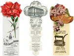 SIX CELLULOID BOOKMARKS FOR ARCADE, PIANOS, BANK, "GLAD" IRON.