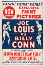 JOE LOUIS VS. BILLY CONN "WORLD'S HEAVYWEIGHT CHAMPIONSHIP BATTLE" LINEN-MOUNTED BOXING POSTER.