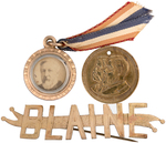 BLAINE/LOGAN 1884 REAL PHOTO WATCH CHAIN CHARM, DIE-CUT NAME PIN AND TOKEN.