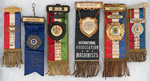 UNION RIBBON BADGES: MINERS, BLACKSMITHS, TRAINMEN, MACHINISTS, CARPENTERS.