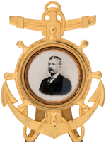 ROOSEVELT REAL PHOTO ON SHIP'S WHEEL AND ANCHOR MINIATURE BRASS EASEL UNLISTED IN HAKE.