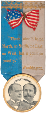 McKINLEY/HOBART JUGATE RIBBON BADGE WITH BLUE/GRAY AND "NORTH SOUTH" VERSE.