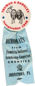 "TRUMAN & BARKLEY" GRAPHIC JUGATE BUTTON FROM 1949 INAUGURATION WITH RARE RIBBON.