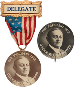 "FOR PRESIDENT 1912 OSCAR W. UNDERWOOD" BUTTON AND "DELEGATE" BADGE.