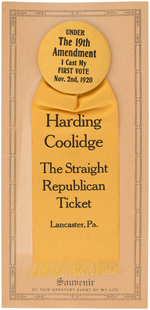 HARDING/COOLIDGE WOMAN'S SUFFRAGE BUTTON AND RIBBON ON ORIGINAL "SOUVENIR" CARD.