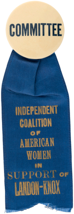 "INDEPENDENT COALITION OF AMERICAN WOMEN IN SUPPORT OF LANDON KNOX" RIBBON ON "COMMITTEE" BUTTON.