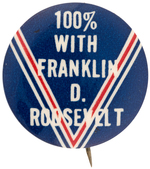 "100% WITH FRANKLIN D. ROOSEVELT" SCARCE HAKE UNLISTED "V" FOR VICTORY BUTTON.