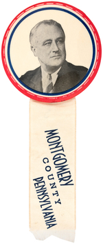 STRIKING ROOSEVELT PORTRAIT BUTTON WITH "MONTGOMERY COUNTY PENNSYLVANIA" RIBBON.