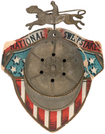 "NATIONAL SWEEPSTAKES HARRISON WILL WIN THE RACE" OUTSTANDING 1888 BADGE WITH HORSE RACING MOTIF.