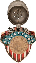 "NATIONAL SWEEPSTAKES HARRISON WILL WIN THE RACE" OUTSTANDING 1888 BADGE WITH HORSE RACING MOTIF.