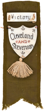 HARRISON/MORTON AND CLEVELAND/STEVENSON MOTHER OF PEARL RIBBON BADGES.