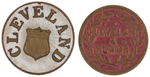 SIX CLEVELAND ITEMS INCLUDING SCARCE 1888 JUGATE EMBOSSED SHELL BADGE.