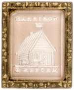"HARRISON & REFORM" VERTICAL FORMAT 1840 LOG CABIN SULPHIDE BROOCH IN WHITE ON PALE PINK.