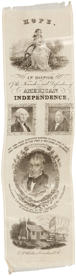 W. H. HARRISON "IN HONOR OF THE FOUNDERS AND DEFENDERS OF AMERICAN INDEPENDENCE" PORTRAIT RIBBON.