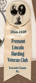 UNIQUE ORIGINAL ART FOR RARE HARDING/FREMONT/LINCOLN BUTTON PLUS BUTTON AND RIBBON.