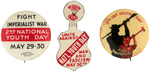 "INTERNATIONAL YOUTH DAY" PAIR OF USA COMMUNIST PARTY BUTTONS AND TAB.