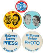THREE McGOVERN JUGATES AND TWO SINGLE DAY EVENT BUTTONS.