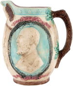 GARFIELD C. 1880 MAJOLICA STYLE PITCHER FEATURING HIGH RELIEF PORTRAIT.