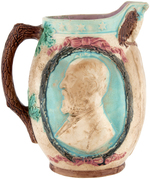 GARFIELD C. 1880 MAJOLICA STYLE PITCHER FEATURING HIGH RELIEF PORTRAIT.