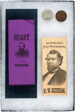 TWO TOKENS  AND RIBBON FOR 1866 CAMPAIGN OF PA GOV. GEARY AND HOPEFUL GOV. KETCHAM RIBBON.