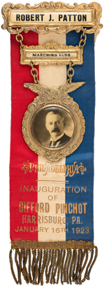 OUTSTANDING "INAUGURATION OF GIFFORD PINCHOT" 1923 RIBBON BADGE.