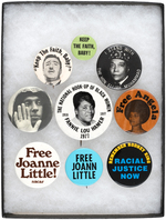 NINE CIVIL RIGHTS BUTTONS INCLUDING ELIJAH MUHAMMAD, ANGELA DAVIS AND FANNIE LOU HAMER.