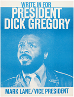 "WRITE IN FOR PRESIDENT DICK GREGORY MARK LANE/VICE PRESIDENT" 1968 FREEDOM AND PEACE POSTER.